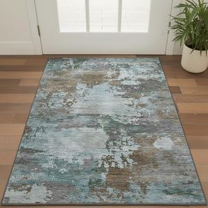 HomeRoots 5' X 8' Stylish Brown and Blue Abstract Area Rug - Washable, UV Protected, Ideal for Busy Homes! 716980