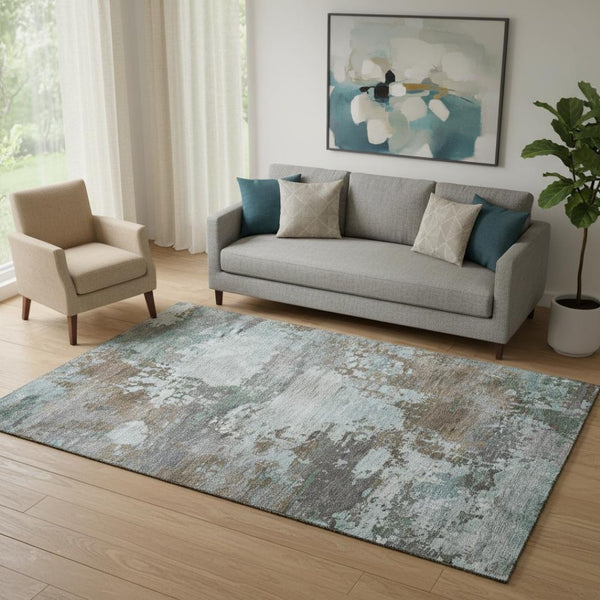 HomeRoots 8' Brown and Blue Abstract Round Rug - Stylish, Washable, UV-Protected, Perfect for Homes with Kids & Pets 716981
