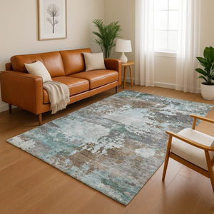 HomeRoots 9' X 12' Modern Abstract Brown and Blue Washable Area Rug with UV Protection for Busy Homes 716983