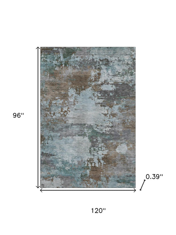 HomeRoots 9' X 12' Modern Abstract Brown and Blue Washable Area Rug with UV Protection for Busy Homes 716983