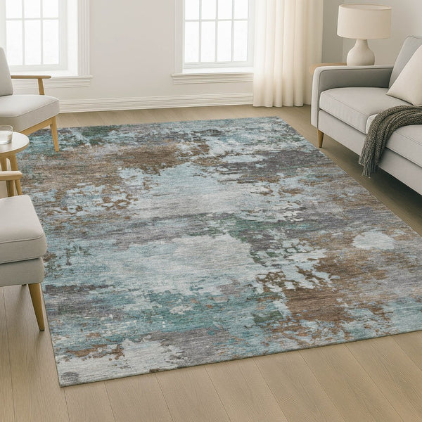 HomeRoots 9' X 12' Modern Abstract Brown and Blue Washable Area Rug with UV Protection for Busy Homes 716983