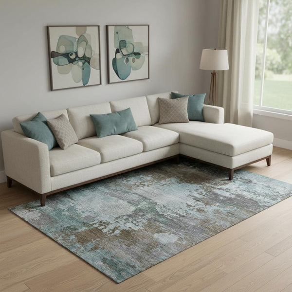 HomeRoots 10' X 14' Brown and Blue Abstract Area Rug - Washable, UV-Protected, Durable for High-Traffic Spaces 716984
