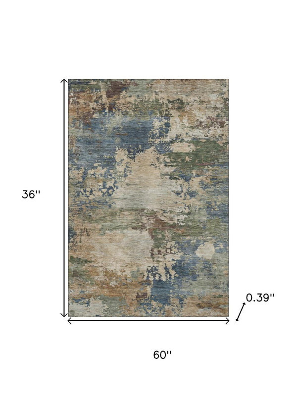 HomeRoots 5' X 8' Washable Blue & Beige Abstract Area Rug – Durable, Stain-Resistant, UV Protected for Homes 716986