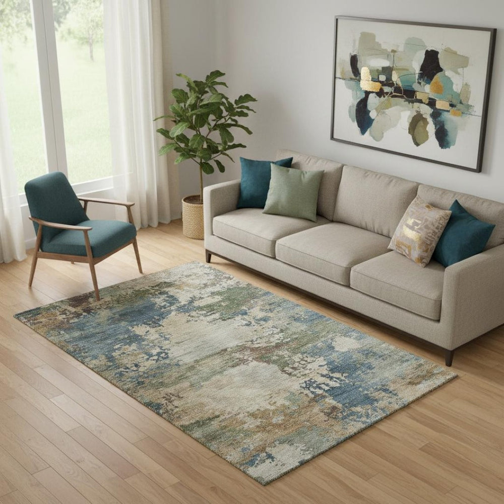 HomeRoots 8' Blue And Beige Abstract Round Washable Rug - UV Protected, Stylish, Durable for Homes & Patios 716987