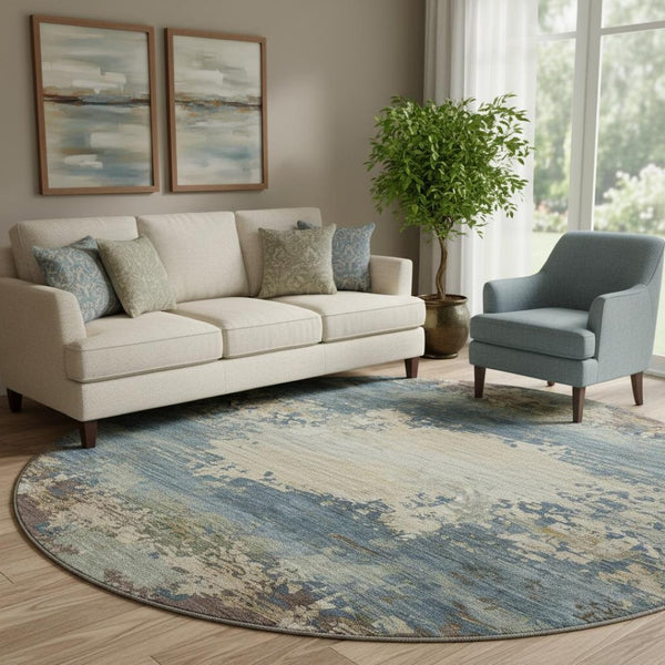 HomeRoots 8' X 10' Blue And Beige Abstract Washable Area Rug with Non-Slip Backing & UV Protection for Easy Care 716988
