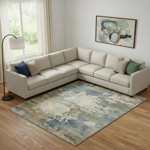 HomeRoots 9' Blue and Beige Abstract Area Rug - Washable, UV Protected, Non-Slip Backing for High Traffic Spaces 716989