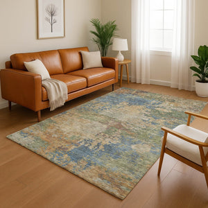 HomeRoots 5' X 8' Denim Blue & Beige Abstract Washable Area Rug with UV Protection for Modern Homes 716992