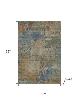 HomeRoots 5' X 8' Denim Blue & Beige Abstract Washable Area Rug with UV Protection for Modern Homes 716992