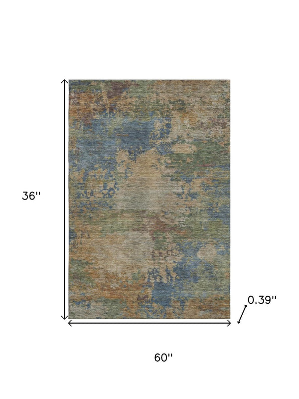 HomeRoots 5' X 8' Denim Blue & Beige Abstract Washable Area Rug with UV Protection for Modern Homes 716992