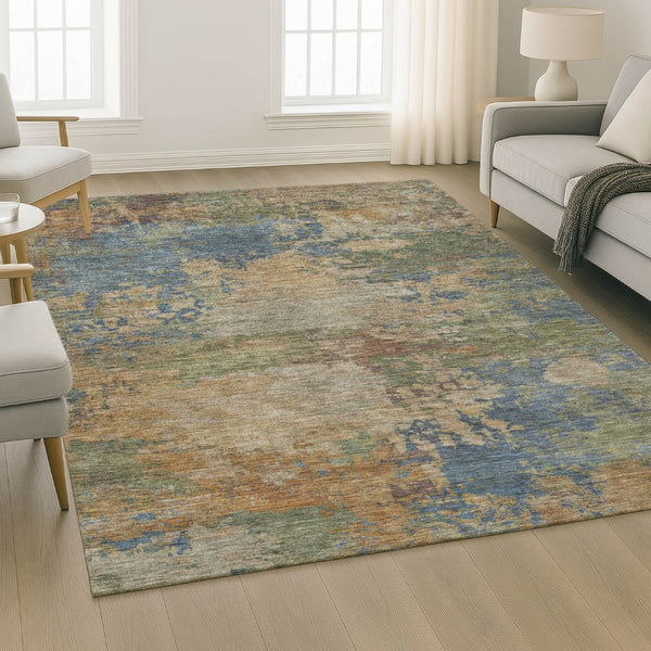 HomeRoots 5' X 8' Denim Blue & Beige Abstract Washable Area Rug with UV Protection for Modern Homes 716992