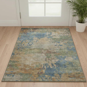 HomeRoots 5' X 8' Denim Blue & Beige Abstract Washable Area Rug with UV Protection for Modern Homes 716992