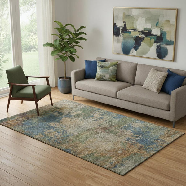 HomeRoots 8' Washable Denim Blue & Beige Abstract Round Rug with UV Protection – Stylish, Durable & Stain Resistant 716993