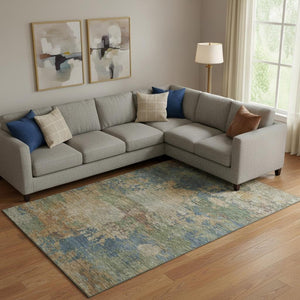 HomeRoots 9' X 12' Denim Blue & Beige Abstract Area Rug - Washable, UV Protected, Perfect for Busy Homes! 716995