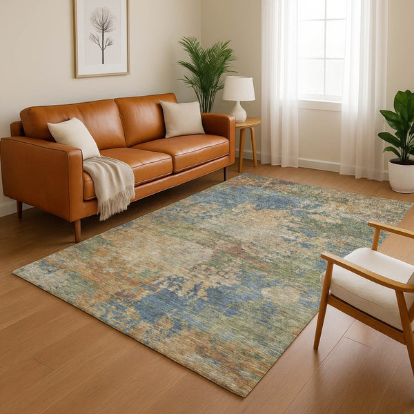 HomeRoots 10' X 14' Denim Blue Abstract Area Rug - Washable, UV-Protected, Stylish & Durable for Busy Homes 716996