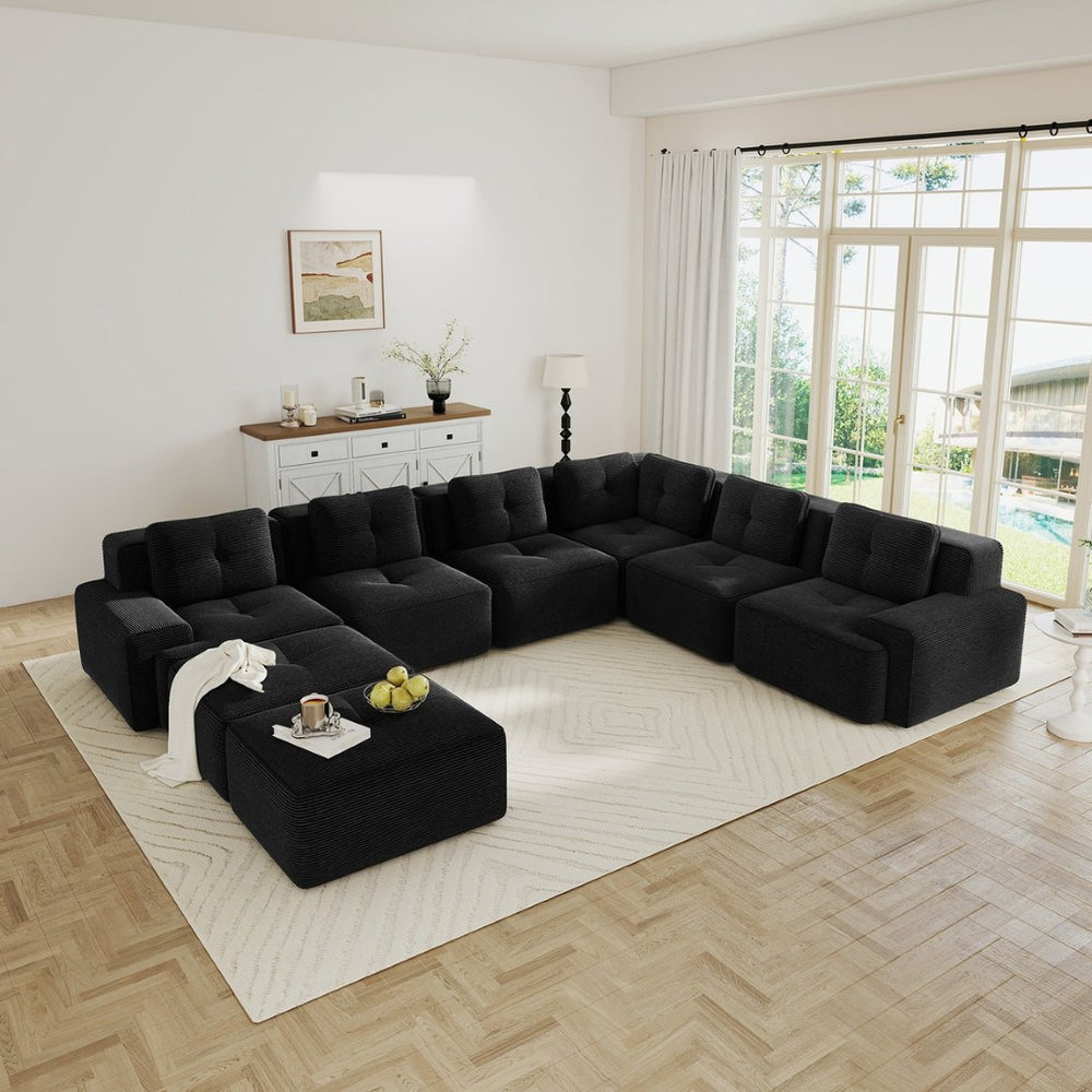 English Elm Modular Corduroy Sectional Sofa 6 Seat V Shaped Corner Couch with Ottomans Living Room Black W714S01587