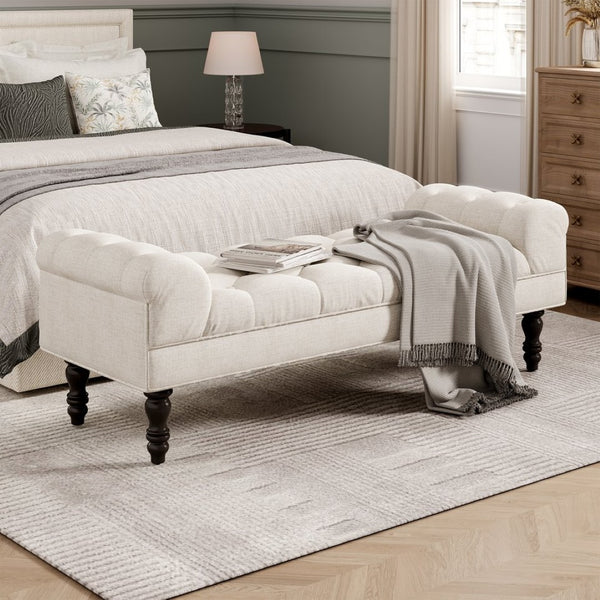 English Elm Button-tufted Upholstered Bench with Oak Legs Diamond Stitching for Bedroom or Entryway Beige N761P304406W