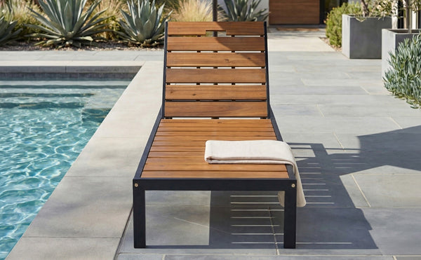 English Elm Outdoor Acacia Wood Slat Chaise Lounge with Powder Coated Frame for Patio Resort Black+Natural N719P383161B