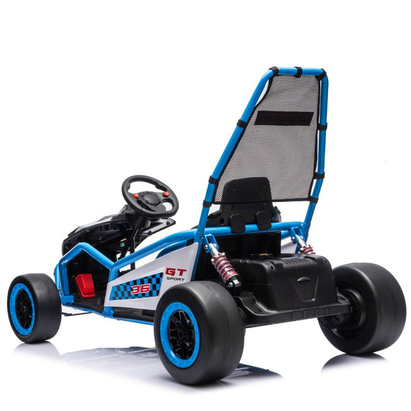 English Elm 24v Dual Motor Kids Go Kart with Drift Mode Roll Cage and Rear Suspension Ages 6 to 12 Blue W1578P454056