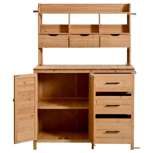 English Elm (with Hutch) Topamx Solid Fir Potting Bench Patio Workstation Spice Rack Drawer Natural Wood N717P404331A