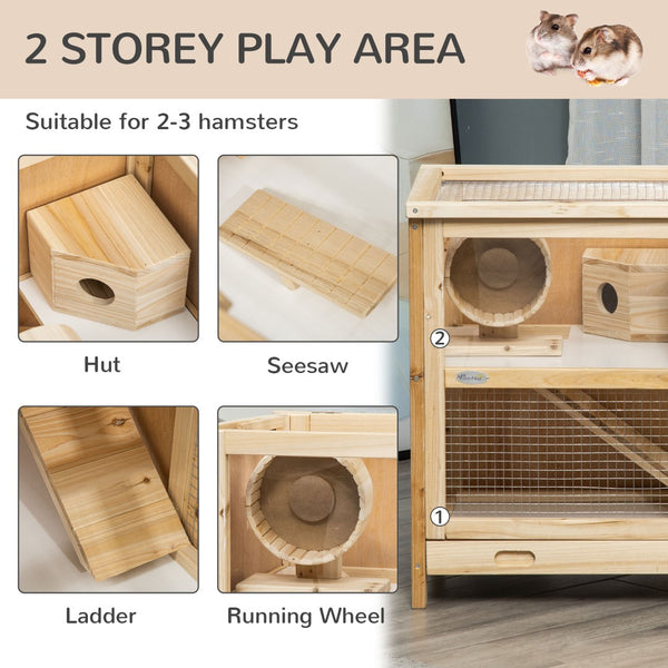 English Elm 2-tier Fir Wood Hamster Hutch with Mesh Roof Plexiglass Front and Enrichment Accessories T3971P407770