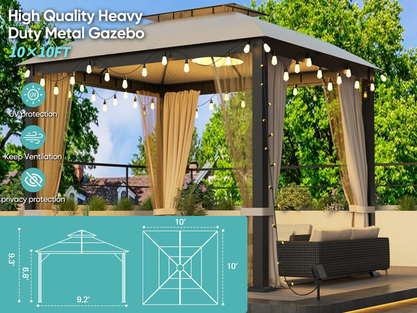 English Elm 10X10FT Softtop Metal Gazebo with Vented Double Roof, Mosquito Netting & Waterproof UV Curtains, Sturdy Galvanized Frame W2259S00051