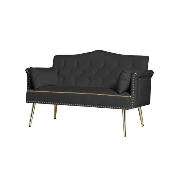 English Elm BLACK Velvet 2-Seater Sofa with Gold Metal Legs, Foam Cushions, Solid Wood Frame, Modern Luxe Design W588P165685