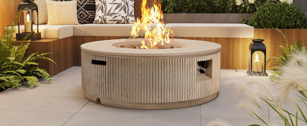 English Elm U_style Round Mgo Propane Fire Pit 50000 Btu Sculptural Outdoor Patio Table with Lava Rocks Brown N711P410549D