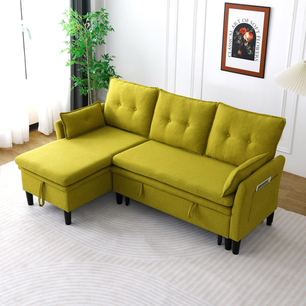 English Elm L-Shaped Reversible Chaise Sectional Sofa with Storage and Fold-Out Bed Cotton-Linen Modern Design Green W3371S00026