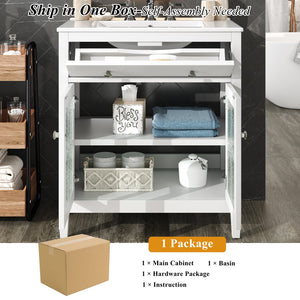English Elm Christopher Knight Home® - 30" Bathroom Vanity with Ceramic Sink, Solid Wood Legs, Adjustable Shelf, Tip-Out Tray, Soft-Close Hinges, Silver Knobs, Moisture-Resistant Finish White N817P286250W