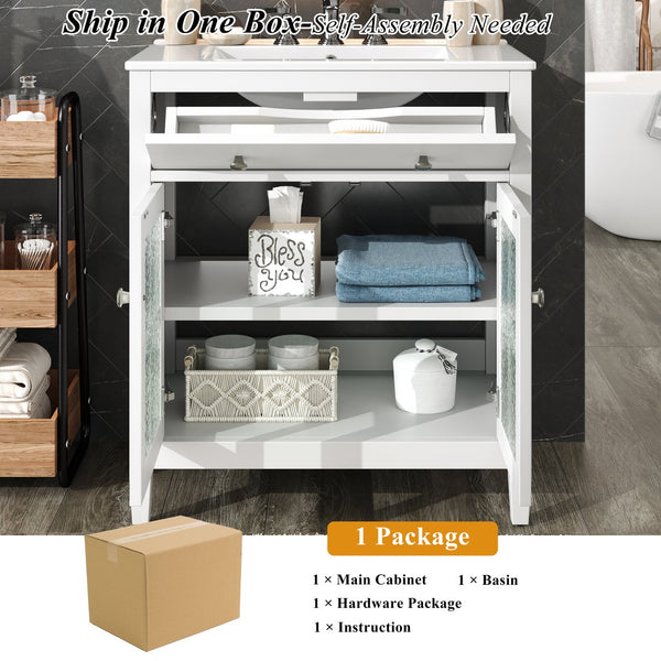 English Elm Christopher Knight Home® - 30" Bathroom Vanity with Ceramic Sink, Solid Wood Legs, Adjustable Shelf, Tip-Out Tray, Soft-Close Hinges, Silver Knobs, Moisture-Resistant Finish White N817P286250W