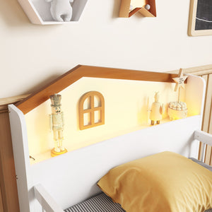 English Elm Low Twin Loft Bed with House-Style Headboard and Built-In LED Lights for Modern Kids' Rooms White 42.91 L x 28.35 W x 6.69 H W2593S00006