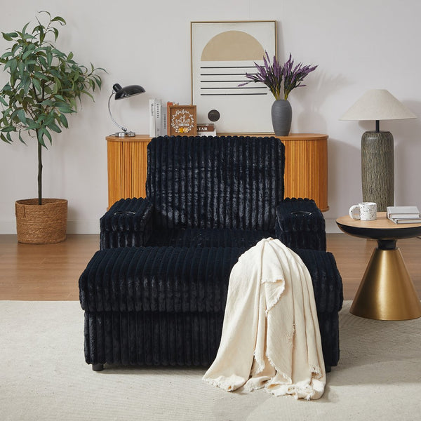 English Elm 42.5-inch corduroy single recliner with cup holder, storage ottoman, plush back pillow for lounging Black W834P375124