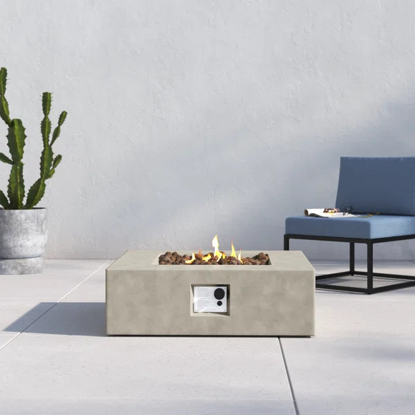English Elm 12" Concrete Outdoor Fire Pit Table with Push-Button Ignition, Lava Rocks, Modern Low-Profile Design Natural+Grey B120P203709