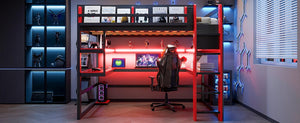 English Elm Full Size Gaming Loft Bed with Rgb Lights Wraparound Shelves and Built-in Usb Ports Red LT000299AAJ