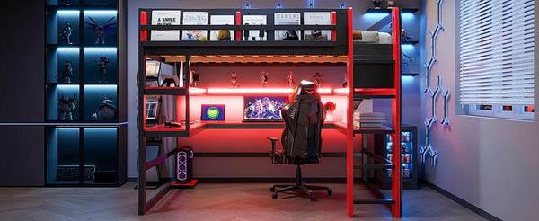 English Elm Full Size Gaming Loft Bed with Rgb Lights Wraparound Shelves and Built-in Usb Ports Red LT000299AAJ