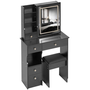 English Elm 29.2" Compact Vanity Table Set With Led Mirror, Touch Control, Cushioned Stool & Ample Storage Solutions W3258P299612