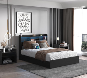 English Elm Full Bed Frame With 4 Storage Drawers, Led Charging Station, Quiet Design – Maximize Bedroom Style! W2129P387055