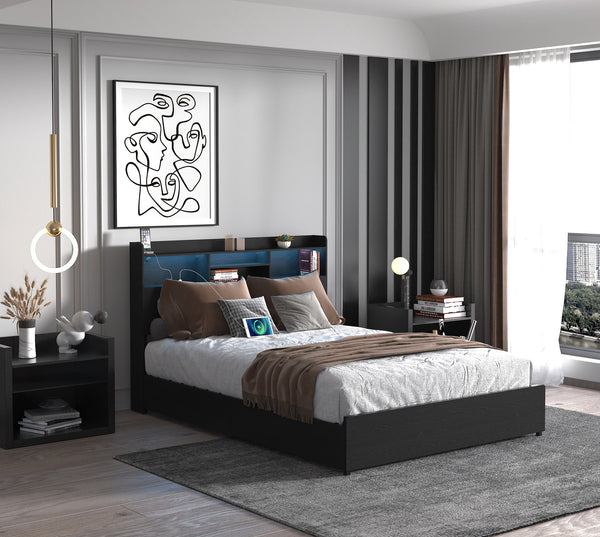 English Elm Full Bed Frame With 4 Storage Drawers, Led Charging Station, Quiet Design – Maximize Bedroom Style! W2129P387055