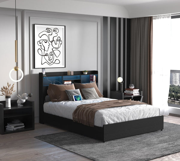 English Elm Queen Bed Frame With 4 Storage Drawers, Led Charging Station & Quiet Design For Modern Bedrooms W2129P387052-GIGA