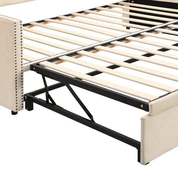 English Elm Twin Upholstered Daybed with Pop-Up Trundle, Space-Saving Guest Bed with Slats, Hydraulic Wheels, 81.9" L Beige SF000133AAA