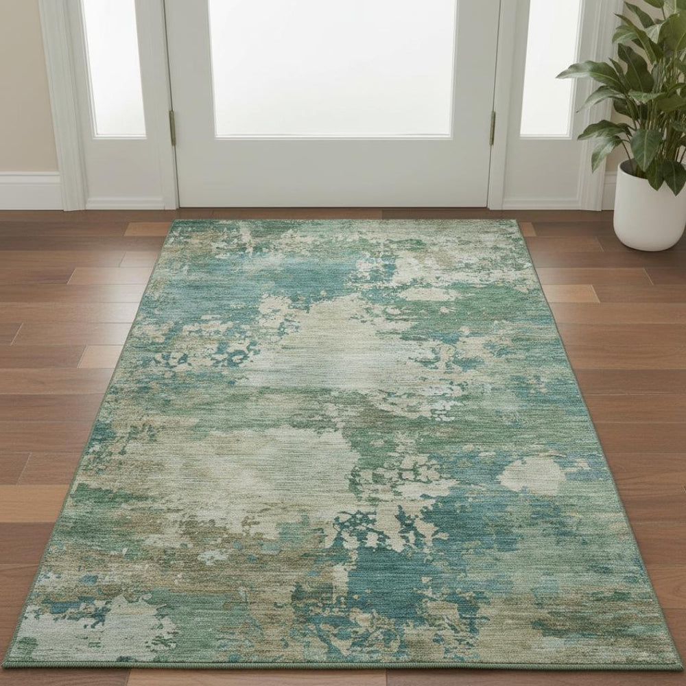 HomeRoots 5' X 8' Teal And Beige Abstract Area Rug - Washable, UV Protected, Durable, Perfect for Families 717010