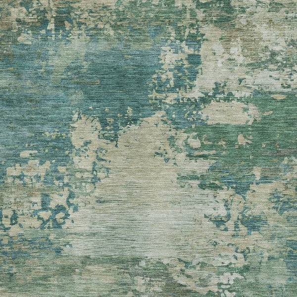 HomeRoots 8' Teal and Beige Abstract Round Rug - Washable, UV Resistant, Soft & Durable for High-Traffic Areas 717011