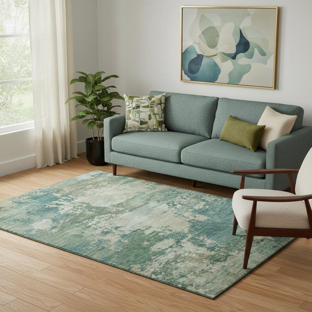 HomeRoots 8' Teal and Beige Abstract Round Rug - Washable, UV Resistant, Soft & Durable for High-Traffic Areas 717011