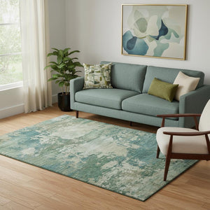 HomeRoots 8' Teal and Beige Abstract Round Rug - Washable, UV Resistant, Soft & Durable for High-Traffic Areas 717011