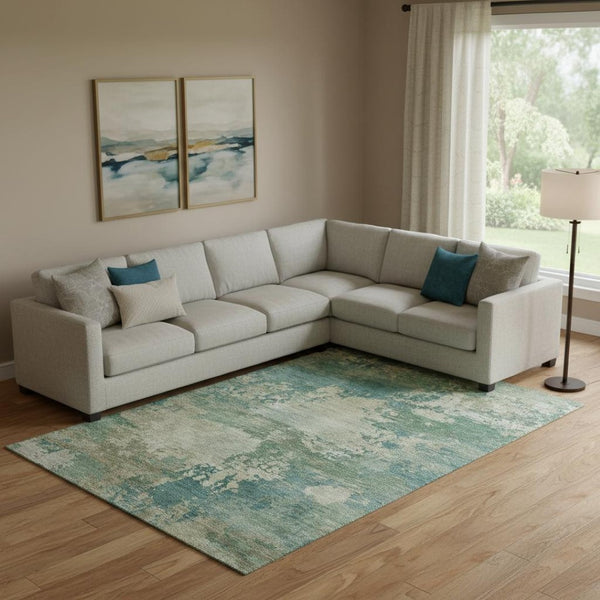 HomeRoots 9' X 12' Stylish Teal and Beige Abstract Washable Area Rug with UV Protection for Family Spaces 717013