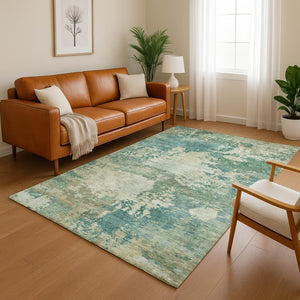 HomeRoots 10' X 14' Teal and Beige Abstract Area Rug - Stylish, Washable, UV Protected, Perfect for Homes! 717014