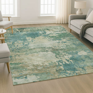 HomeRoots 10' X 14' Teal and Beige Abstract Area Rug - Stylish, Washable, UV Protected, Perfect for Homes! 717014