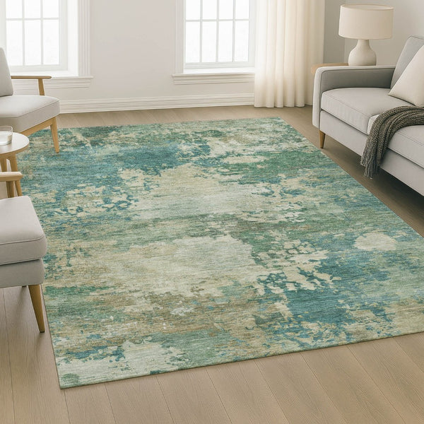 HomeRoots 10' X 14' Teal and Beige Abstract Area Rug - Stylish, Washable, UV Protected, Perfect for Homes! 717014