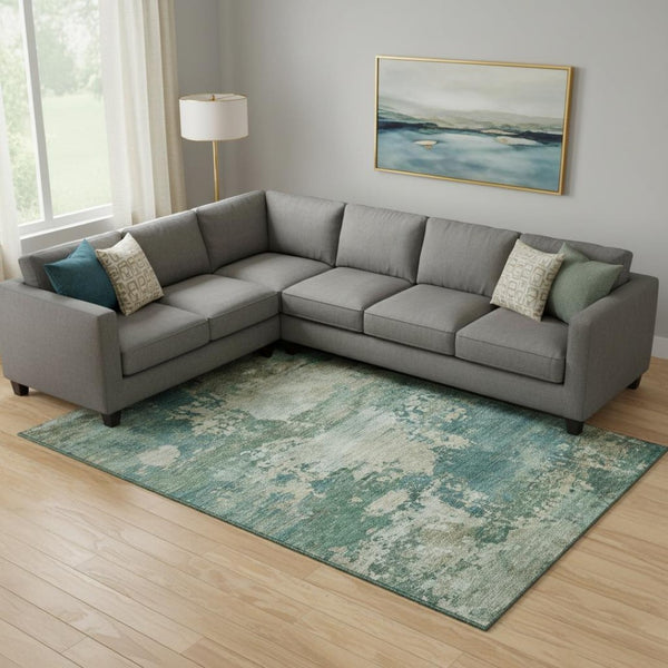 HomeRoots 10' X 14' Teal and Beige Abstract Area Rug - Stylish, Washable, UV Protected, Perfect for Homes! 717014