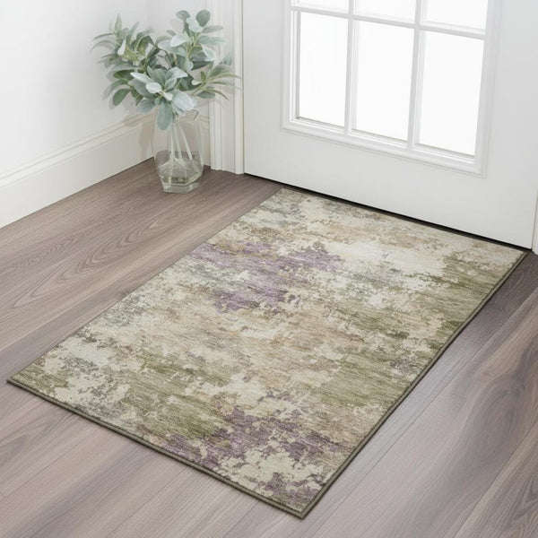 HomeRoots 5' X 8' Beige & Purple Abstract Area Rug - Machine Washable, UV Protected, Non-Slip Backing! 717016
